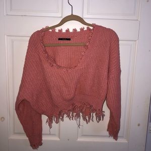 Zaful coral cropped fringe sweater, size large